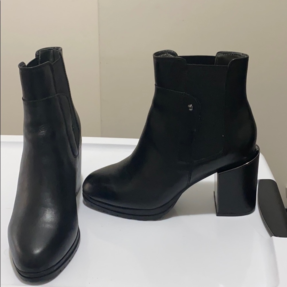 Black leather and mirror platform heeled bootie